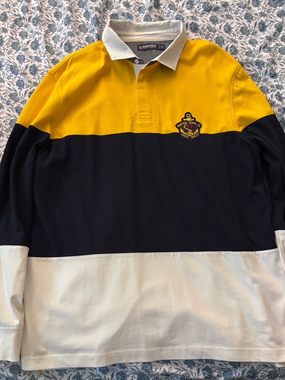 Nautica Bold Yellow, Navy & White Colorblock Rugby Pullover